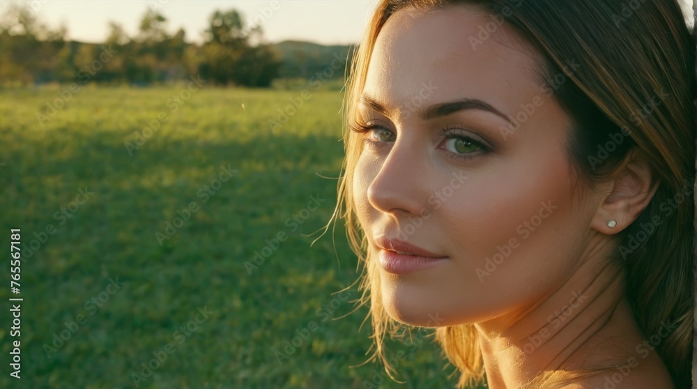 Fototapeta premium A stunning young lady gracefully poses before lush green grass, her long locks cascading down her back