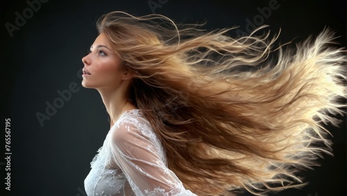  A stunning image of a lady in a white dress, with her hair gracefully dancing in the breeze while her eyes are serenely closed
