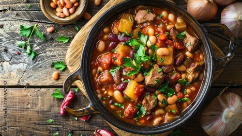 Hot turkish bean stew on wooden background. Ispir beans cooked in a casserole - Kuru Fasulye. Top view  photo