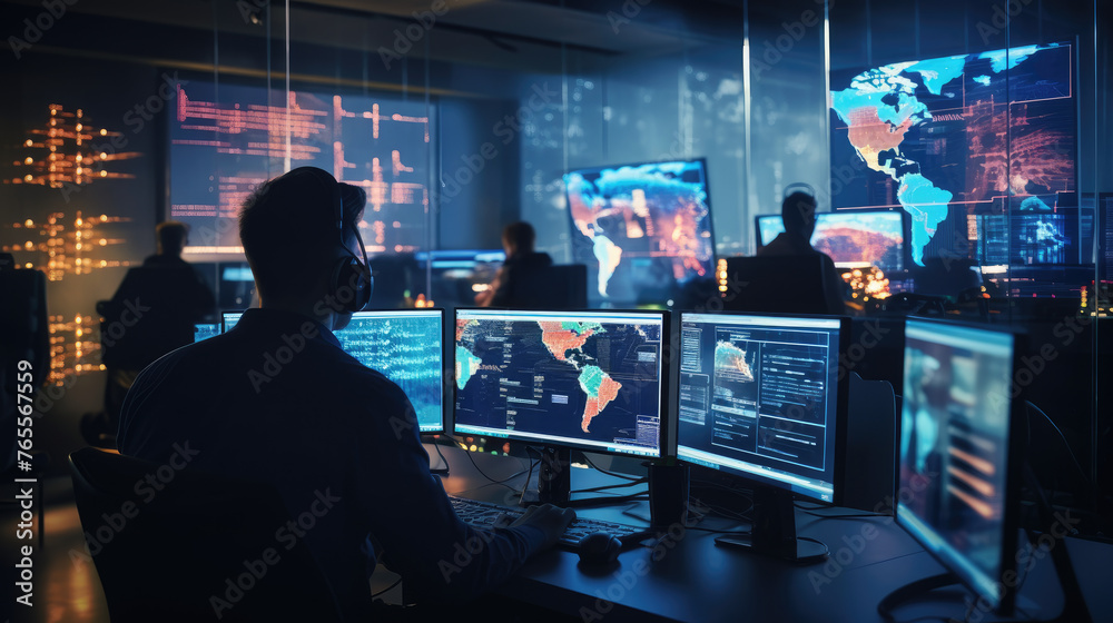 IT Technical Support Specialists, Financial Analysts and Day Traders Working on a Computers with Multi-Monitor Workstations with Real-Time Stocks, Commodities and Exchange Market Charts. IT Technical Support Specialists, Financial Analysts and Day Traders Working on a Computers with Multi-Monitor Workstations with Real-Time Stocks, Commodities and Exchange Market Charts.