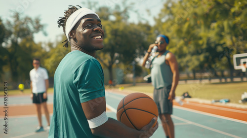Smiling Man Holding Basketball with Friends on Outdoor Court