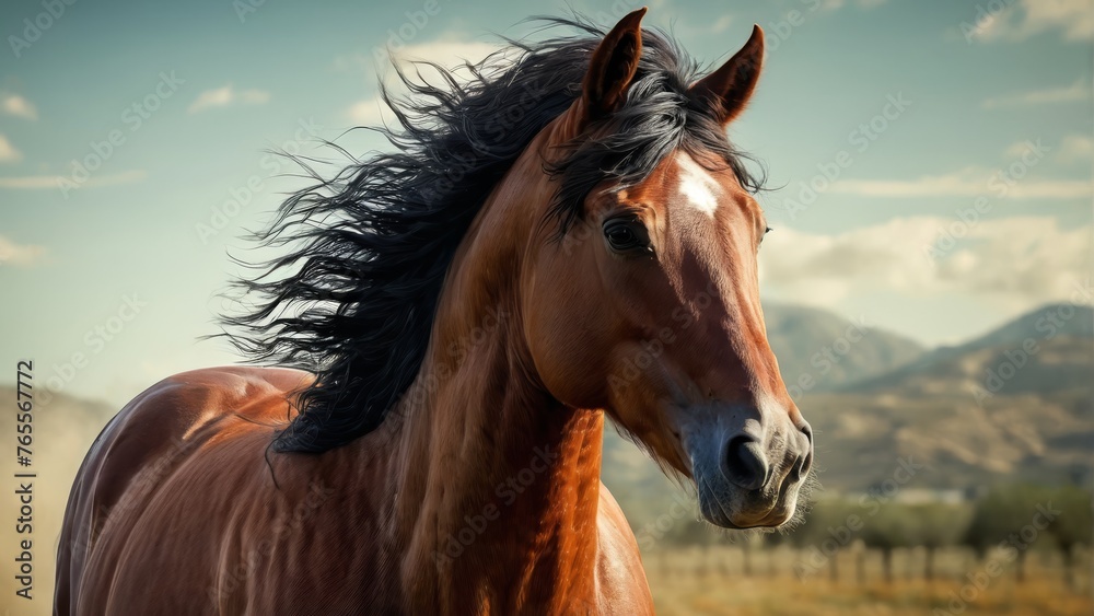 Fototapeta premium A stunning close-up image captures a majestic horse in a peaceful field, surrounded by towering mountains and fluffy clouds in the background