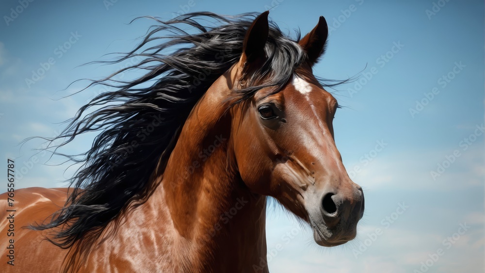Obraz premium A stunning portrait of a well-groomed brown horse, showcasing its flowing mane against a serene blue sky