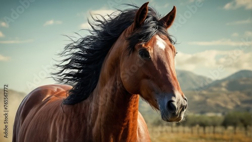  A stunning close-up image captures a majestic horse in a peaceful field  surrounded by towering mountains and fluffy clouds in the background