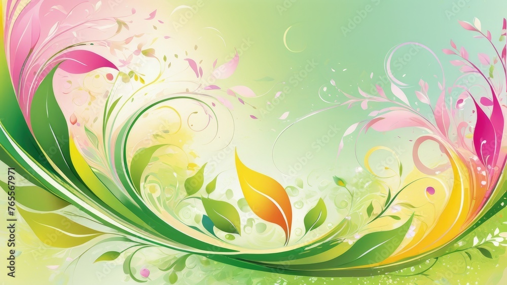 Abstract spring-themed background, blossoming flowers swirl into vibrant splashes of color, interspersed with leaves fluttering in the breeze, color palette of fresh greens, pastel pinks