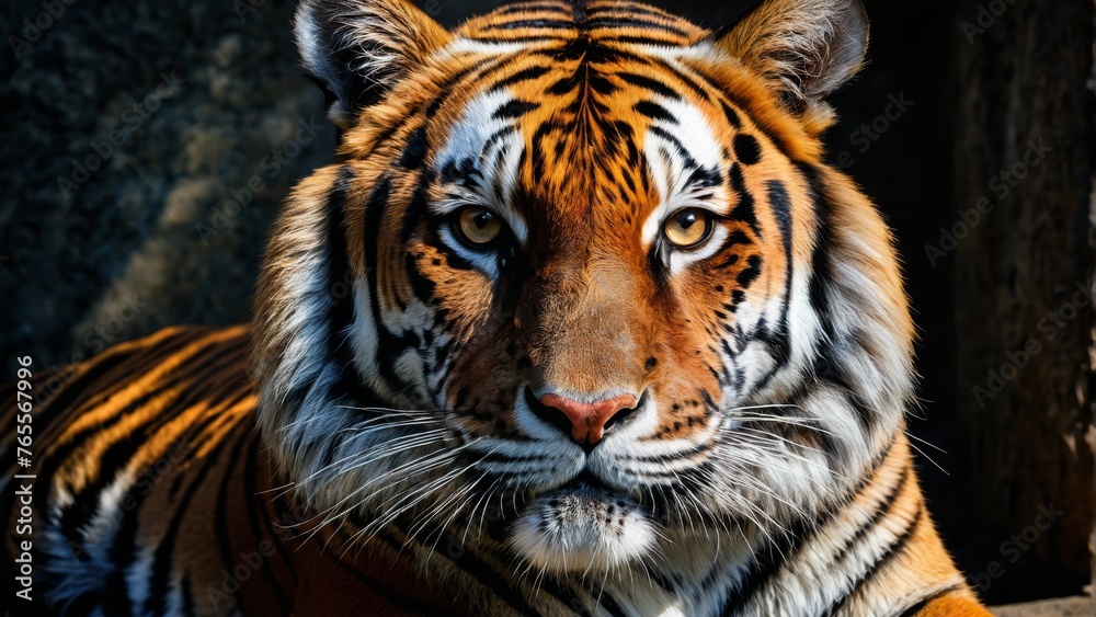 A stunning close-up of a majestic tiger's face, set against the rugged backdrop of a rock wall and the towering presence of a tree trunk in the foreground A stunning close-up of a majestic tiger's face, set against the rugged backdrop of a rock wall and the towering presence of a tree trunk in the foreground