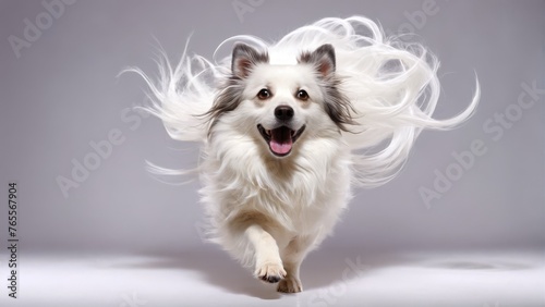  A white and gray dog with flying hair runs, mouth wide open © Viktor