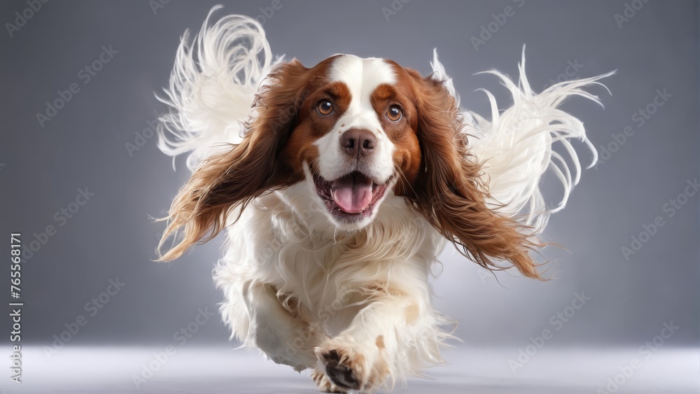  A stunning image of a brown and white dog, sporting white feathers on its back legs, running towards the camera with an open mouth