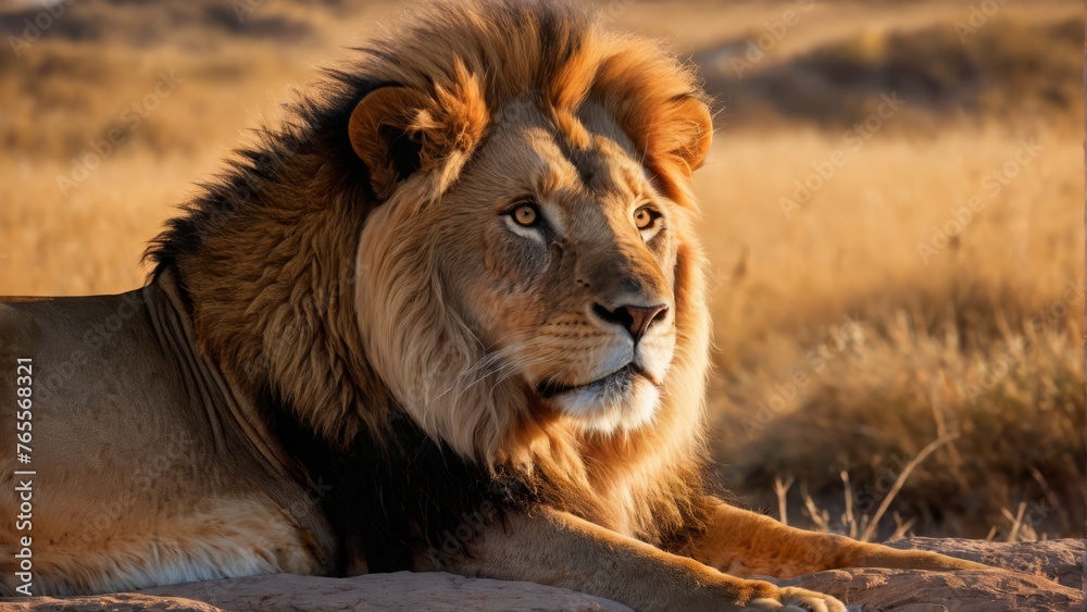 Obraz premium An image depicts a lion resting on a bed of dried grass amidst a vast landscape, showcasing its majestic presence and tranquil surroundings