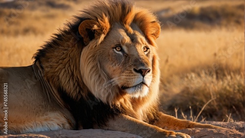  An image depicts a lion resting on a bed of dried grass amidst a vast landscape, showcasing its majestic presence and tranquil surroundings