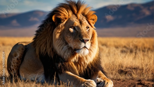  Lion in Dry Grass Field with Mountains Background - Close-up Image Optimization for SEO