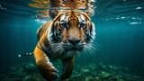  A stunning close-up shot of a majestic tiger gracefully swimming under the warm rays of sunlight glistening through the water