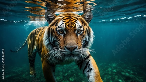  A detailed image of a tiger submerged in water with its head peeking out, capturing your attention