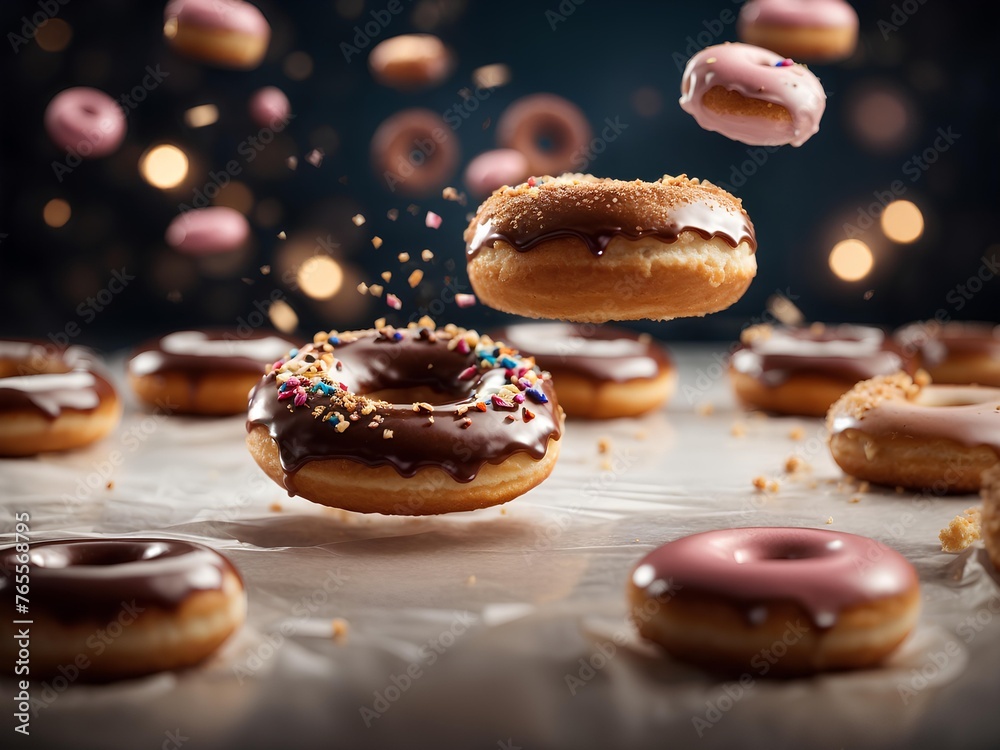 Glazed chocolate doughnut with toppings, floating in the air, cinematic food dessert photography Glazed chocolate doughnut with toppings, floating in the air, cinematic food dessert photography