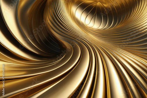 Golden metal structure in 3D fluid wave design, capturing the abstract expression of molten gold, metallic sheen, reflecting light, hyperrealistic, golden ratio, ultra-clear