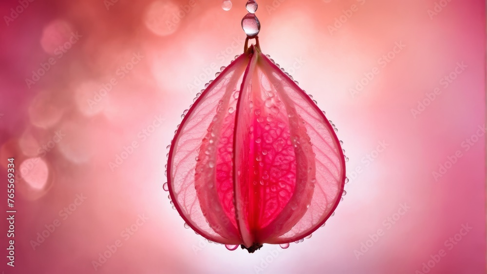 Fototapeta premium A stunning image showcases a pink flower adorned with water droplets, against a serene pink backdrop and softly blurred edges