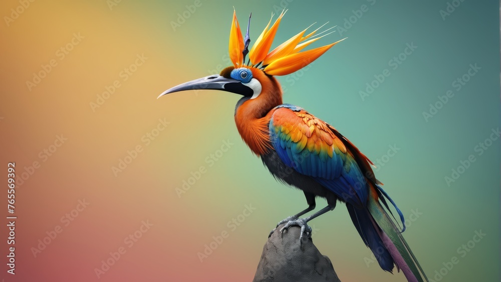 Obraz premium Vivid parrot perched atop verdant crag, surrounded by resplendent sky backdrop featuring avian motif