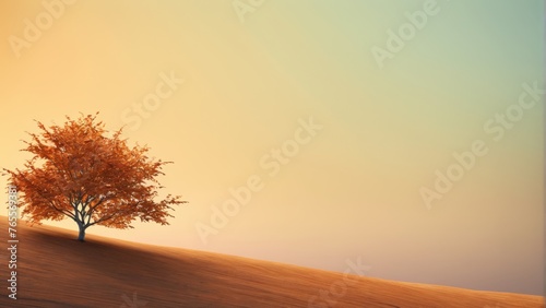  An image depicts a lone tree perched atop a hill with orange and blue skies in the background  showcasing its solitude amidst dry grass