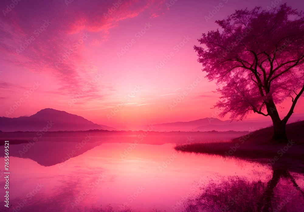 A moment of pink sunset over the lake A moment of pink sunset over the lake