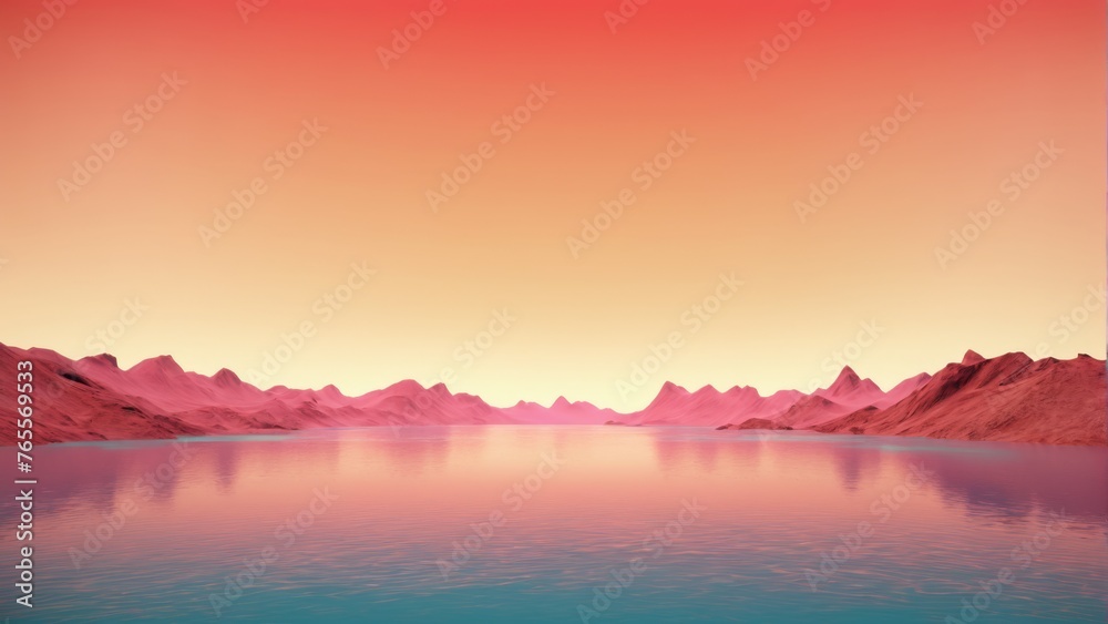  A serene lake surrounded by majestic mountains under a vivid red and blue sky, with a stunning pink hue in the focal point of the captivating image