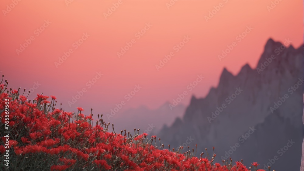  Red flowers on the mountain side with pink sky background and foreground
