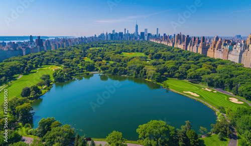 A stunning aerial view of New York City s Central Park  showcasing the iconic trees and greenery with skyscrapers in the background