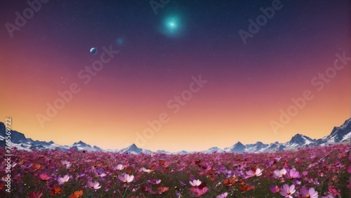  Field blooming with vibrant flowers, serene under purple night sky, glowing star and towering mountains in backdrop