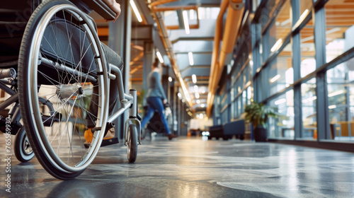 Close-Up View of a Wheelchair in Use in a Spacious Modern Office Building Corridor