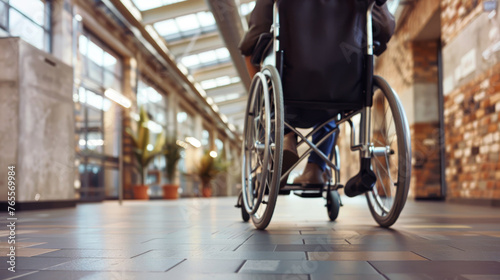 Close-Up View of a Wheelchair in Use in a Spacious Modern Office Building Corridor