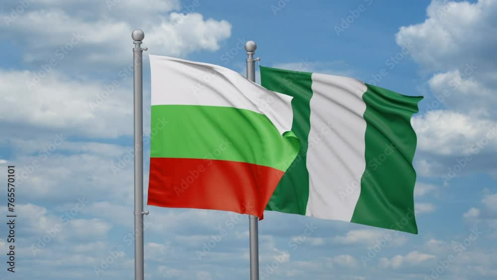 Nigeria and Bulgaria two flags waving together, looped video, two country relations concept Nigeria and Bulgaria two flags waving together, looped video, two country relations concept