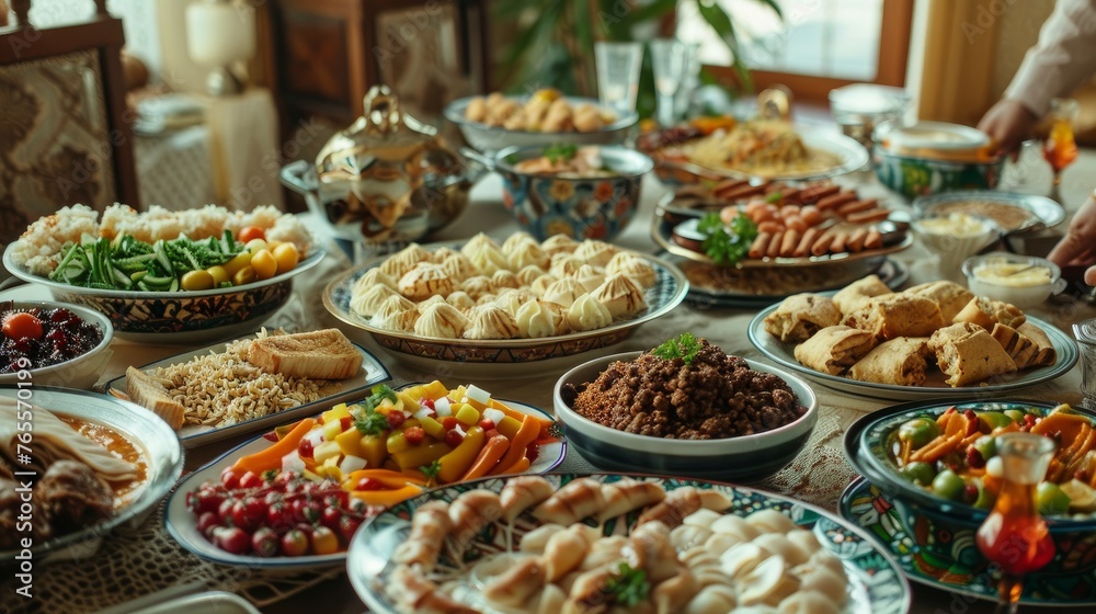 Many traditional foods on the table. Fasting time at the ramadan month. Prepared table for iftar