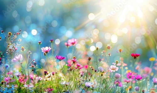 Bright and colorful wildflowers in full bloom with sunlight flares in a serene field, depicting freshness and nature's beauty © Filip