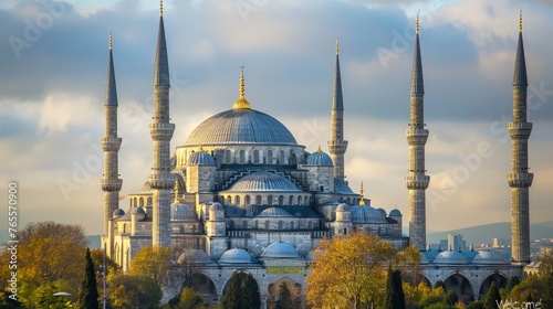 The Blue Mosque in Istanbul, Turkey. (Sultanahmet Camii). The Mosque is decorated with MAHYA specially for Ramadan. Writes to the mahya: "The Sultan Of 11 Months, Welcome!"