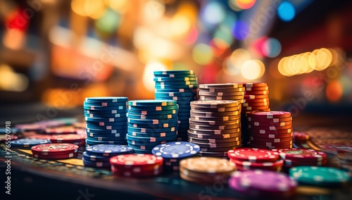 A Pile of Casino Chips with a Blurred Background