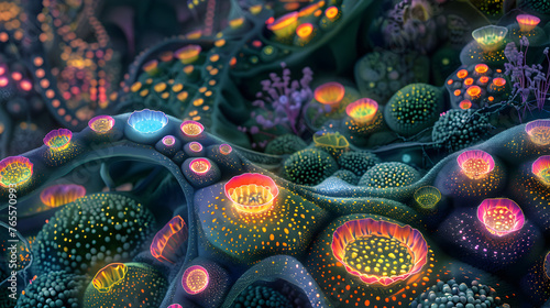 A landscape of a genetically engineered garden at the cellular level, with plant cells modified to glow in various colors, forming a living mosaic.