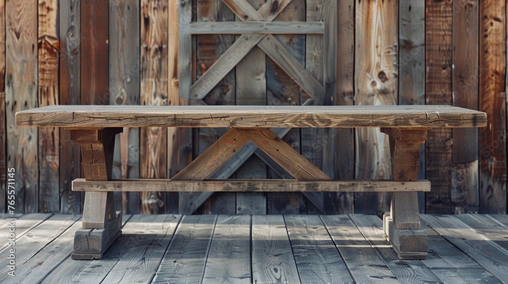 A rustic farmhouse dining table set against a backdrop of reclaimed barn wood. A rustic farmhouse dining table set against a backdrop of reclaimed barn wood.