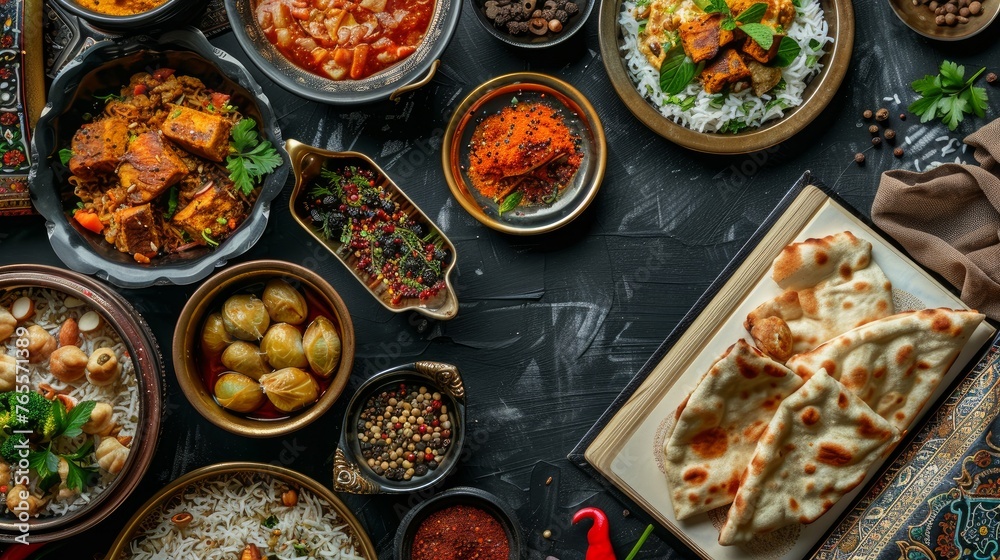 Traditional Eastern dishes and Koran on black table. Ramadan celebration Traditional Eastern dishes and Koran on black table. Ramadan celebration