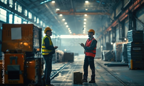A group of industrial workers conversing in a warehouse environment