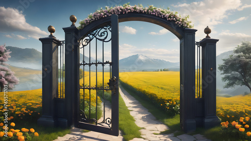 Floral gate entrance. New life or beginning concept. Dream gate to success. AI generated image, ai