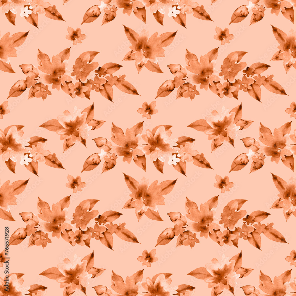 Seamless pattern of watercolor Peach flowers and leaves. Hand drawn illustration. Botanical hand painted floral elements on Peach background. Aquarelle art. For print decoration, postcard, fabric