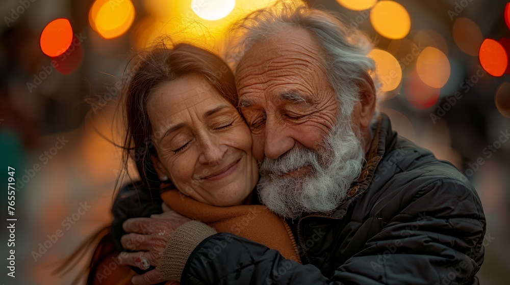 An affectionate moment as a middle-aged woman tightly hugs a smiling elderly man against a bokeh backdrop