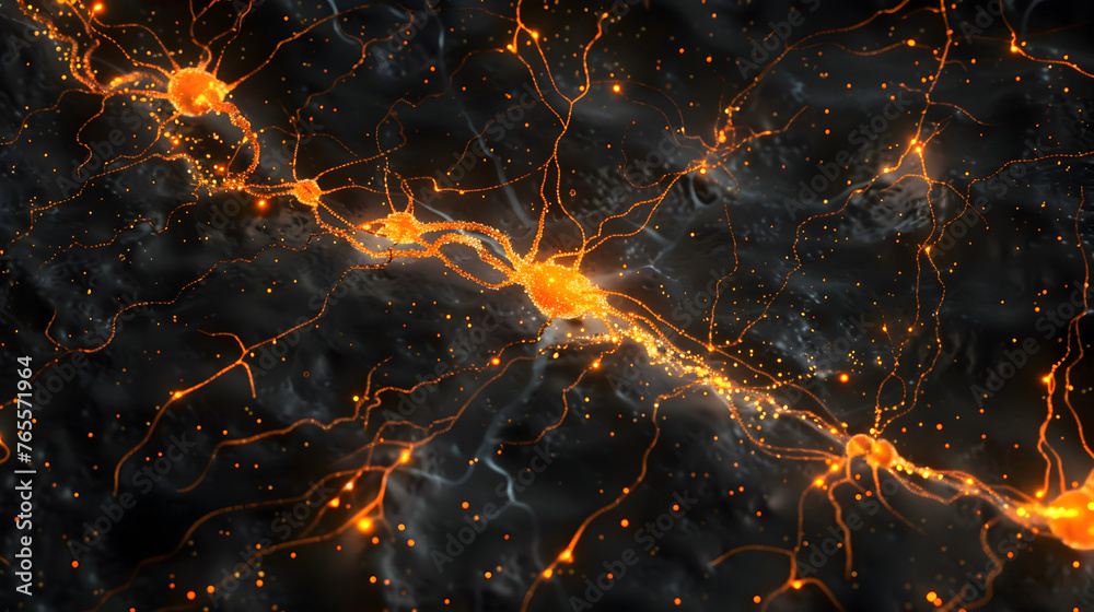 View of rat brain cells under a microscope, showing neurons interconnected by a complex web of dendrites and axons. The cells glow with an ethereal light against a dark background. - obrazy, fototapety, plakaty 