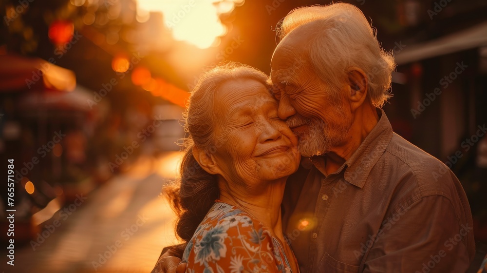A touching image of a senior couple kissing against the setting sun's warm light in a peaceful moment