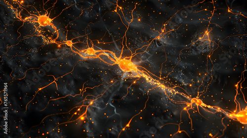 View of rat brain cells under a microscope, showing neurons interconnected by a complex web of dendrites and axons. The cells glow with an ethereal light against a dark background. photo