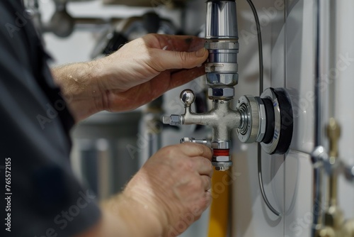 Expert plumber attaches pipelines to a domestic water heating system ensuring proper installation and safety
