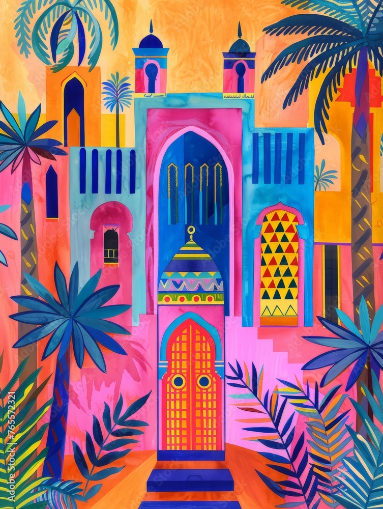 A vibrant painting showcasing a colorful building standing out amidst a backdrop of lush palm trees