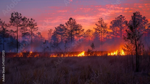 A serene yet haunting view as a wildfire burns beneath a vibrant sunset sky in a forested area © ChaoticMind