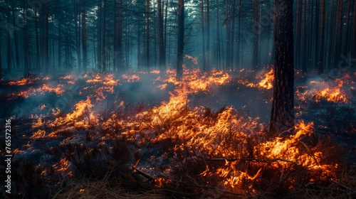 A striking image of flames consuming the forest at night, illuminating the pine woods with an eerie glow
