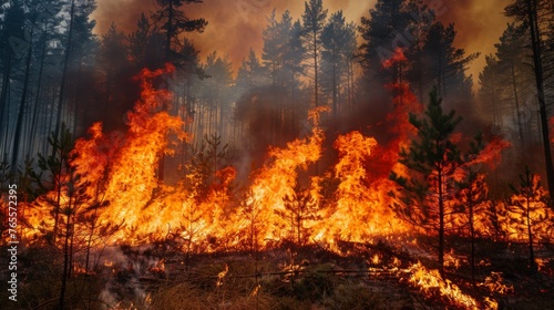 A devastating scene of forest fires blazing under a thick cloud of smoke against a backdrop of trees