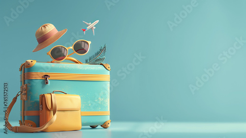 Suitcase with travel and vacation accessories on blue background, copy space. Space for advertising or text. photo